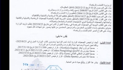 قرار لوزيرة الشباب والرياضة بتجميد 4 من أندية الطيـران الشراعـي