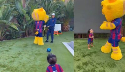 فيديو برشلونة ارسل التميمة CAT إلى نجل رافينيا